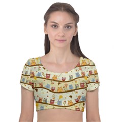 Autumn Owls Pattern Velvet Short Sleeve Crop Top  by Celenk