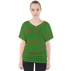 Red Stars On Christmas Green Background V-neck Dolman Drape Top by PodArtist