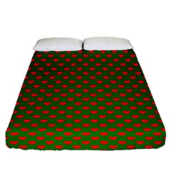 Large Red Christmas Hearts On Green Fitted Sheet (queen Size) by PodArtist