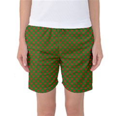 Large Red Christmas Hearts On Green Women s Basketball Shorts by PodArtist