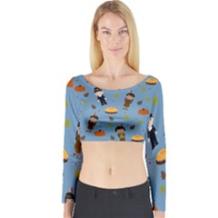 Pilgrims And Indians Pattern - Thanksgiving Long Sleeve Crop Top by Valentinaart