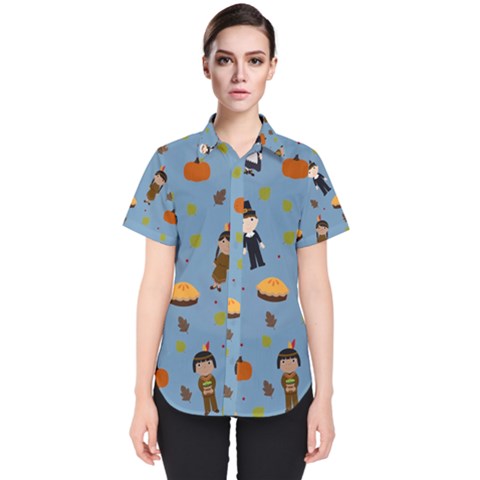 Pilgrims And Indians Pattern - Thanksgiving Women s Short Sleeve Shirt by Valentinaart