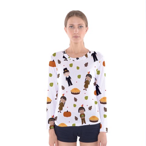Pilgrims And Indians Pattern - Thanksgiving Women s Long Sleeve Tee by Valentinaart