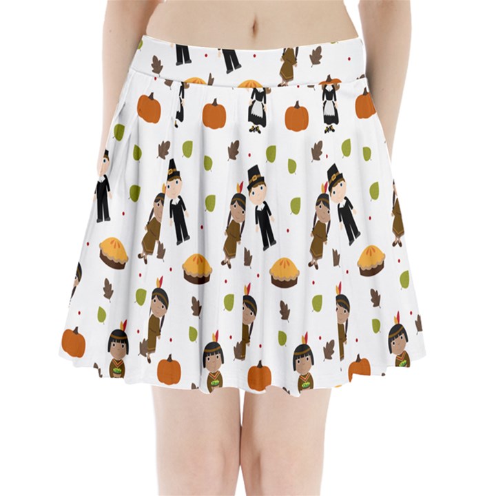 Pilgrims and Indians pattern - Thanksgiving Pleated Mini Skirt