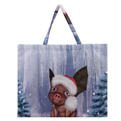 Christmas, Cute Little Piglet With Christmas Hat Zipper Large Tote Bag by FantasyWorld7