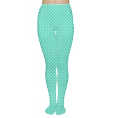 White Polkadot Hearts On Tiffany Aqua Blue  Women s Tights by PodArtist