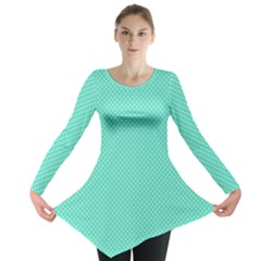 White Polkadot Hearts On Tiffany Aqua Blue  Long Sleeve Tunic  by PodArtist