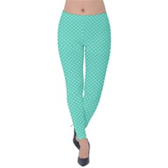 White Polkadot Hearts On Tiffany Aqua Blue  Velvet Leggings by PodArtist