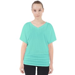 White Polkadot Hearts On Tiffany Aqua Blue  V-neck Dolman Drape Top by PodArtist