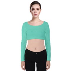 White Polkadot Hearts On Tiffany Aqua Blue  Velvet Long Sleeve Crop Top by PodArtist