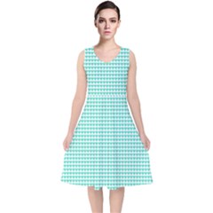 Tiffany Aqua Blue Candy Hearts On White V-neck Midi Sleeveless Dress 