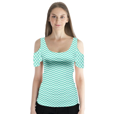 Tiffany Aqua Blue Chevron Zig Zag Butterfly Sleeve Cutout Tee  by PodArtist