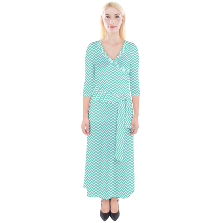 Tiffany Aqua Blue Chevron Zig Zag Quarter Sleeve Wrap Maxi Dress