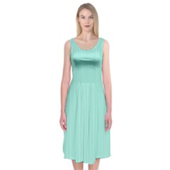 Classy Tiffany Aqua Blue Sailor Stripes Midi Sleeveless Dress by PodArtist