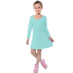Classy Tiffany Aqua Blue Sailor Stripes Kids  Long Sleeve Velvet Dress by PodArtist