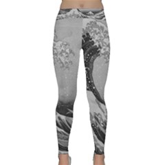 Black And White Japanese Great Wave Off Kanagawa By Hokusai Classic Yoga Leggings by PodArtist