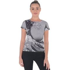 Black And White Japanese Great Wave Off Kanagawa By Hokusai Short Sleeve Sports Top  by PodArtist