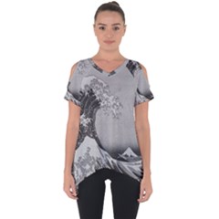 Black And White Japanese Great Wave Off Kanagawa By Hokusai Cut Out Side Drop Tee by PodArtist