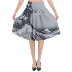 Black And White Japanese Great Wave Off Kanagawa By Hokusai Flared Midi Skirt by PodArtist