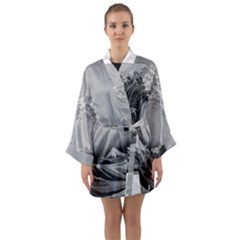 Black And White Japanese Great Wave Off Kanagawa By Hokusai Long Sleeve Kimono Robe by PodArtist