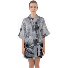 Black And White Japanese Great Wave Off Kanagawa By Hokusai Quarter Sleeve Kimono Robe