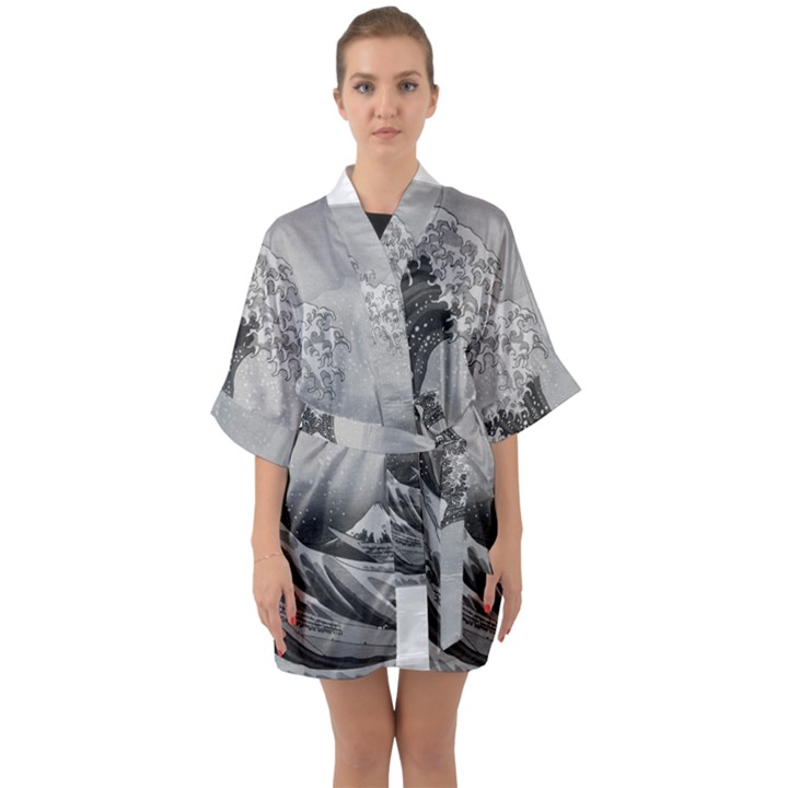 Black and White Japanese Great Wave off Kanagawa by Hokusai Quarter Sleeve Kimono Robe