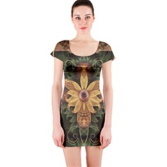 Beautiful Filigree Oxidized Copper Fractal Orchid Short Sleeve Bodycon Dress by jayaprime