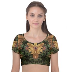 Beautiful Filigree Oxidized Copper Fractal Orchid Velvet Short Sleeve Crop Top  by jayaprime