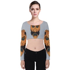 Mask India South Culture Velvet Long Sleeve Crop Top by Celenk