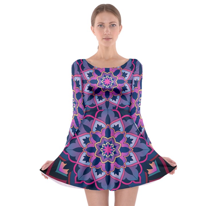 Mandala Circular Pattern Long Sleeve Skater Dress