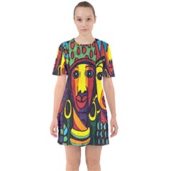 Ethnic Bold Bright Artistic Paper Sixties Short Sleeve Mini Dress