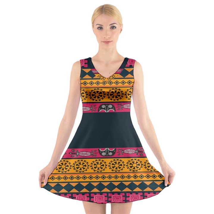 Pattern Ornaments Africa Safari V-Neck Sleeveless Skater Dress