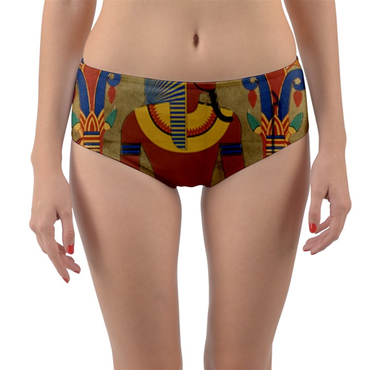 Egyptian Tutunkhamun Pharaoh Design Reversible Mid-Waist Bikini Bottoms