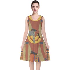 Egyptian Tutunkhamun Pharaoh Design V-neck Midi Sleeveless Dress 