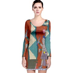 Mexico Puebla Mural Ethnic Aztec Long Sleeve Velvet Bodycon Dress