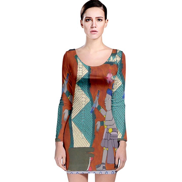 Mexico Puebla Mural Ethnic Aztec Long Sleeve Velvet Bodycon Dress