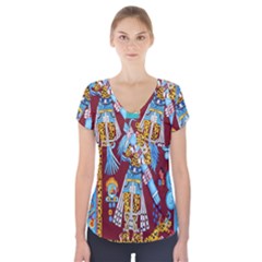 Mexico Puebla Mural Ethnic Aztec Short Sleeve Front Detail Top by Celenk