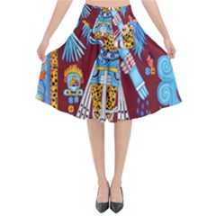 Mexico Puebla Mural Ethnic Aztec Flared Midi Skirt by Celenk