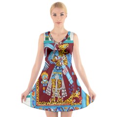 Mexico Puebla Mural Ethnic Aztec V-neck Sleeveless Skater Dress by Celenk