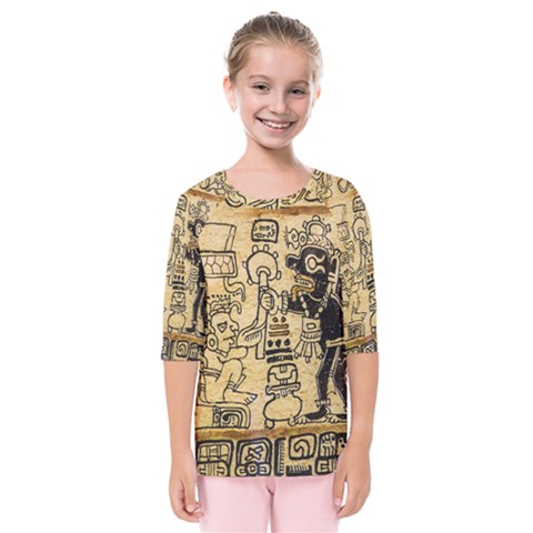 Mystery Pattern Pyramid Peru Aztec Font Art Drawing Illustration Design Text Mexico History Indian Kids  Quarter Sleeve Raglan Tee by Celenk