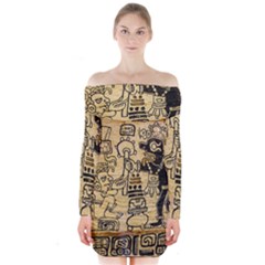 Mystery Pattern Pyramid Peru Aztec Font Art Drawing Illustration Design Text Mexico History Indian Long Sleeve Off Shoulder Dress