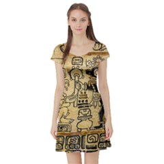 Mystery Pattern Pyramid Peru Aztec Font Art Drawing Illustration Design Text Mexico History Indian Short Sleeve Skater Dress by Celenk