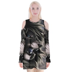 Angry Lion Digital Art Hd Velvet Long Sleeve Shoulder Cutout Dress by Celenk