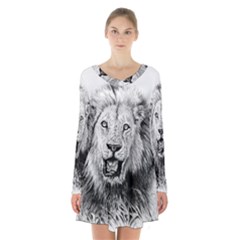 Lion Wildlife Art And Illustration Pencil Long Sleeve Velvet V-neck Dress