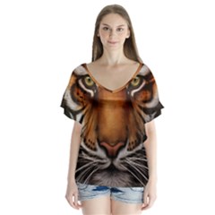 The Tiger Face V-Neck Flutter Sleeve Top