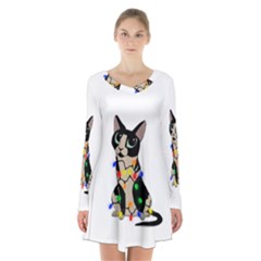 Meowy Christmas Long Sleeve Velvet V-neck Dress