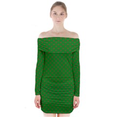Mini Red Dots On Christmas Green Long Sleeve Off Shoulder Dress by PodArtist