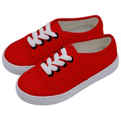 Small Christmas Green Polka Dots On Red Kids  Classic Low Top Sneakers by PodArtist