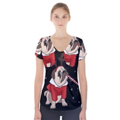 Pug Xmas Short Sleeve Front Detail Top by Valentinaart