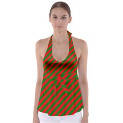 Red And Green Christmas Candycane Stripes Babydoll Tankini Top by PodArtist